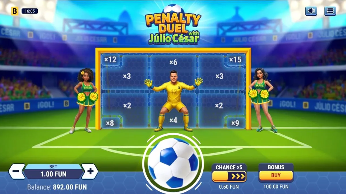 Tampilan antarmuka permainan Penalty Duel dengan Júlio César