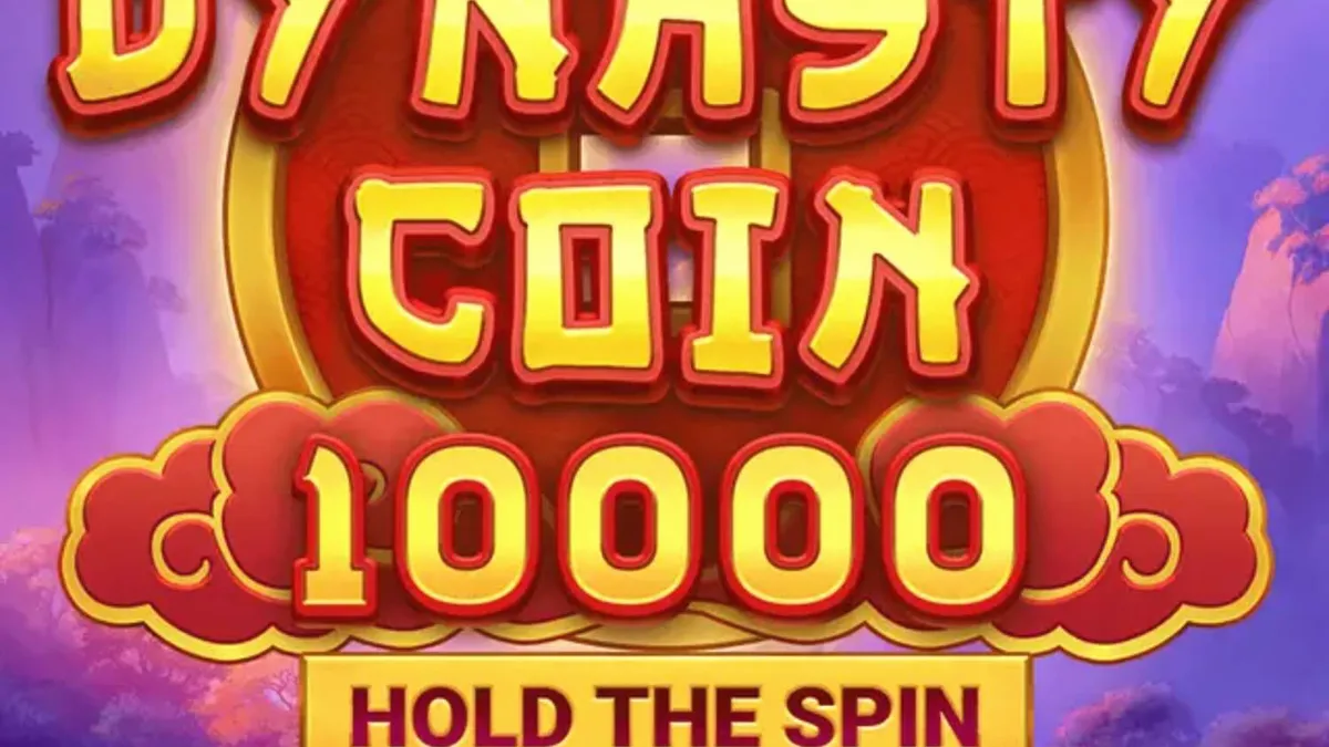 Tampilan visual slot Dynasty Coin 10,000 dengan latar belakang kuil Tiongkok dan simbol koin emas.
